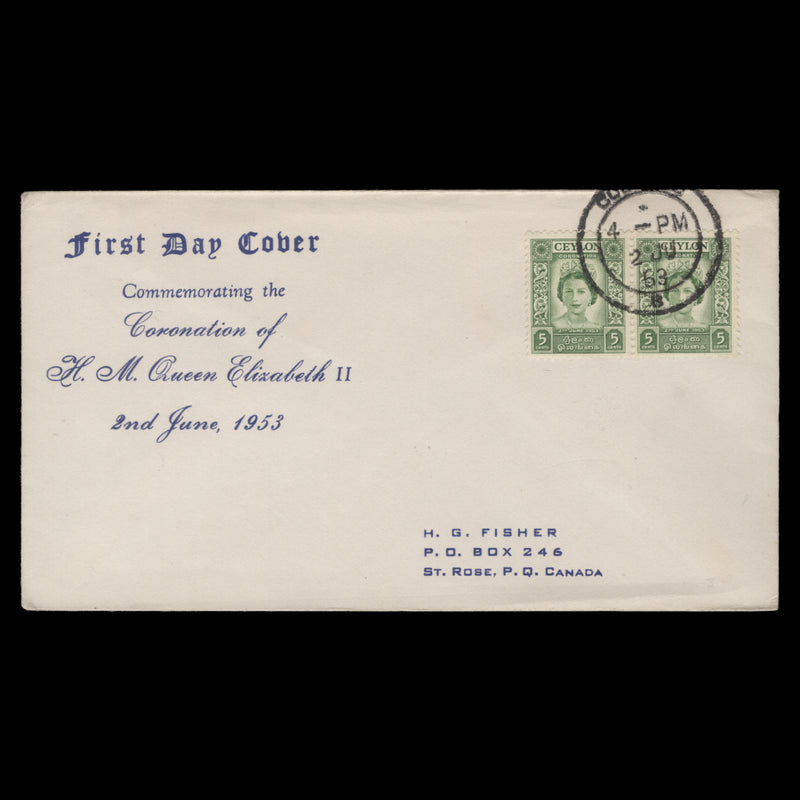 Ceylon 1953 (FDC) 5c Coronation pair, COLOMBO 8