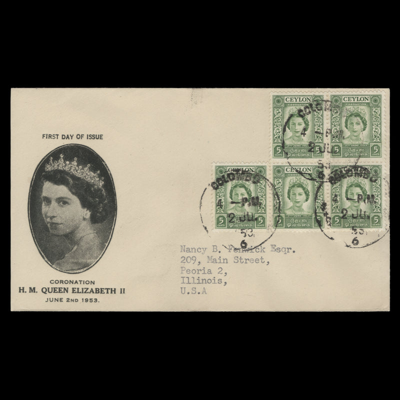 Ceylon 1953 (FDC) 5c Coronation block, COLOMBO 6