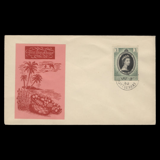 Leeward Islands 1953 (FDC) 3c Coronation, PLYMOUTH
