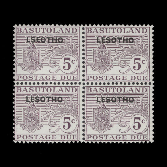 Lesotho 1966 (Variety) 5c Postage Due block with 'LSEOTHO' overprint