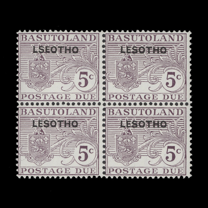 Lesotho 1966 (Variety) 5c Postage Due block with 'LSEOTHO' overprint
