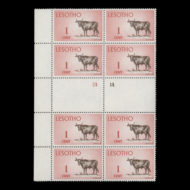 Lesotho 1974 (MNH) 1c Cattle gutter plate 2A–1A block on chalk-surfaced paper
