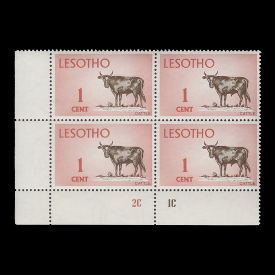 Lesotho 1974 (MNH) 1c Cattle plate 2C–1C block on chalk-surfaced paper
