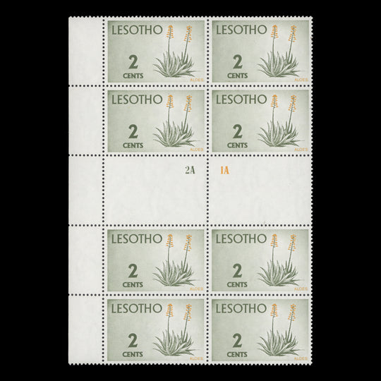 Lesotho 1974 (MNH) 2c Aloes gutter plate 2A–1A block on chalk-surfaced paper