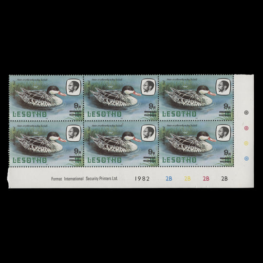 Lesotho 1986 (MNH) 9s/10s Red-Billed Teal plate block, spiral watermark