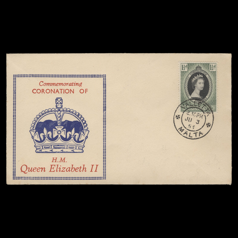 Malta 1953 (FDC) 1½d Coronation, VALLETTA