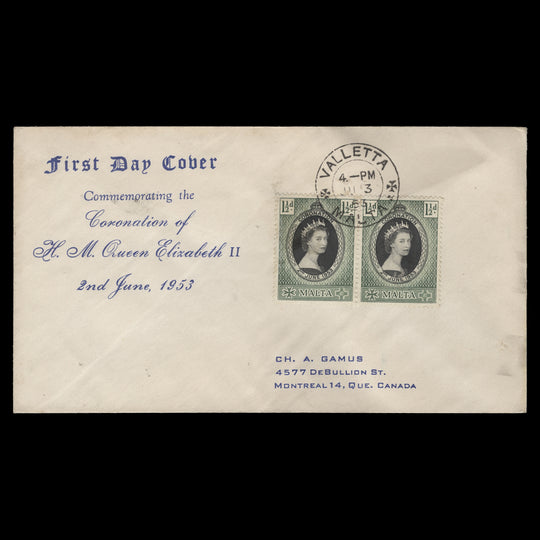 Malta 1953 (FDC) 1½d Coronation pair, VALLETTA
