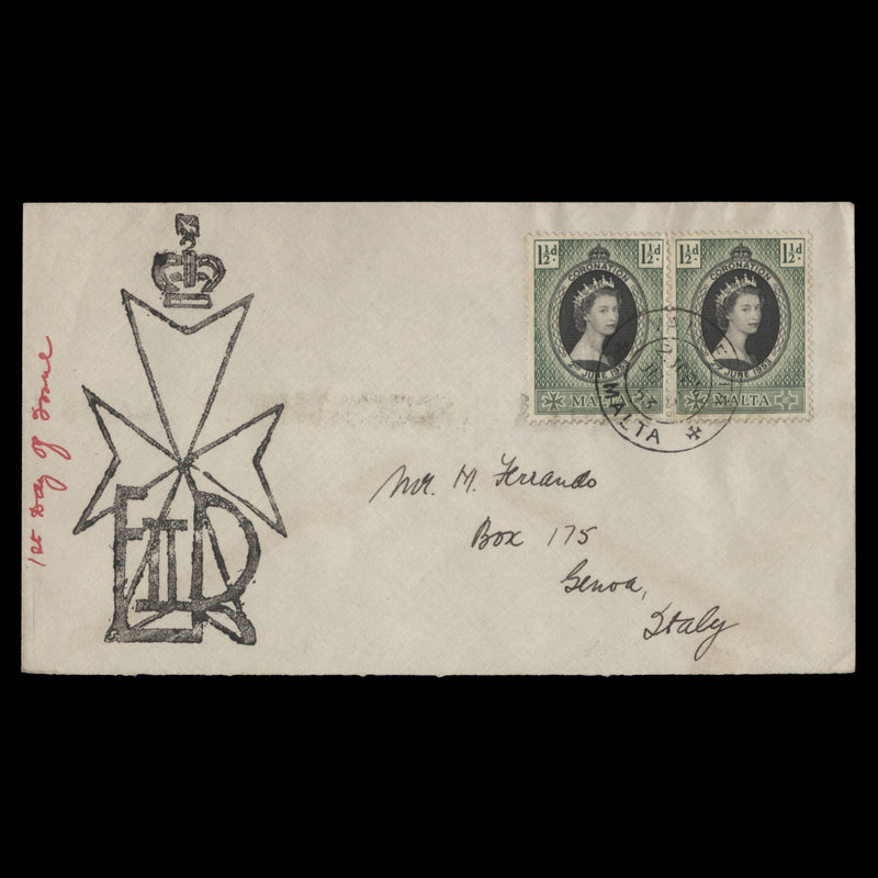 Malta 1953 (FDC) 1½d Coronation pair, VALLETTA