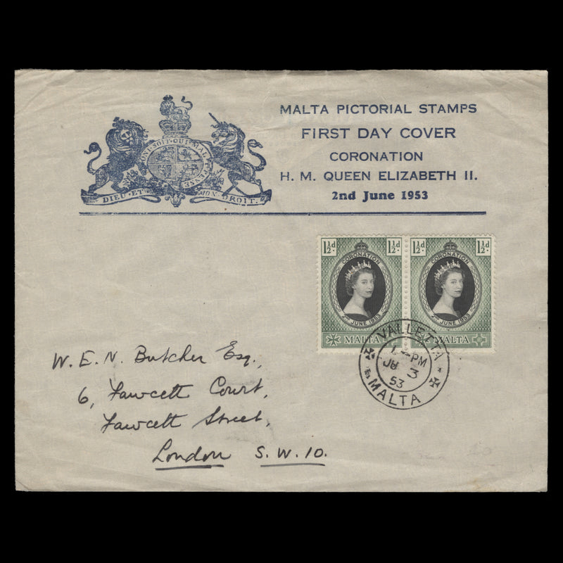 Malta 1953 (FDC) 1½d Coronation pair, VALLETTA