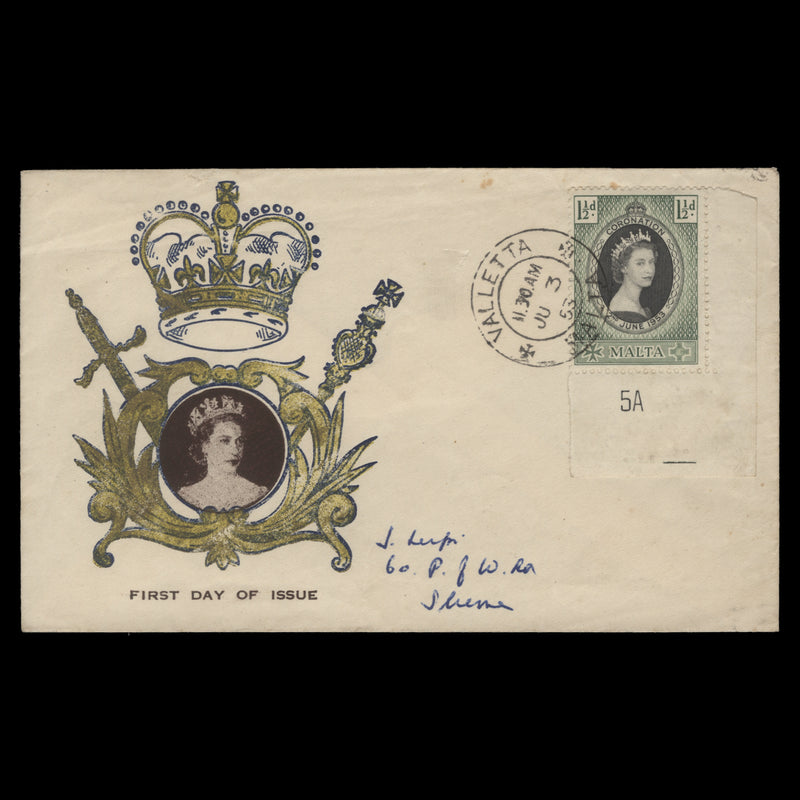 Malta 1953 (FDC) 1½d Coronation, VALLETTA