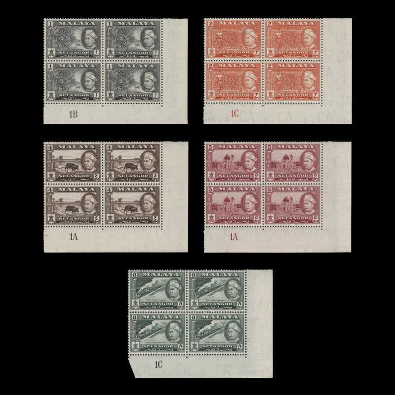Selangor 1957 (MNH) Low value definitives plate blocks