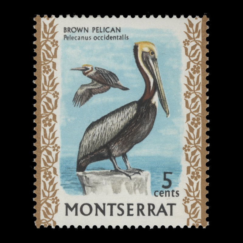 Montserrat 1970 (Variety) 5c Brown Pelican with watermark to right