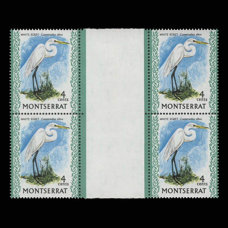 Montserrat 1974 (Variety) 4c White Egret gutter block with inverted watermark