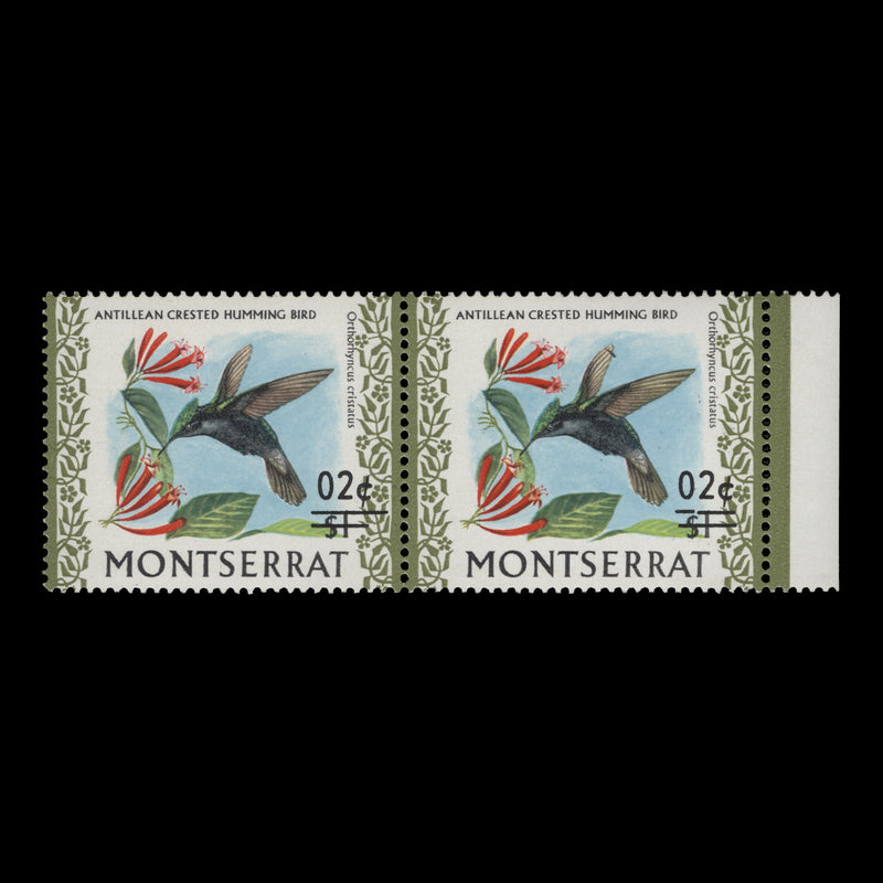 Montserrat 1974 (Variety) 20c/$1 Antillean Crested Hummingbird pair with different length obliteration bars