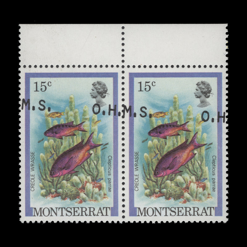 Montserrat 1981 (Variety) 15c Creole Wrasse official pair with overprint shift