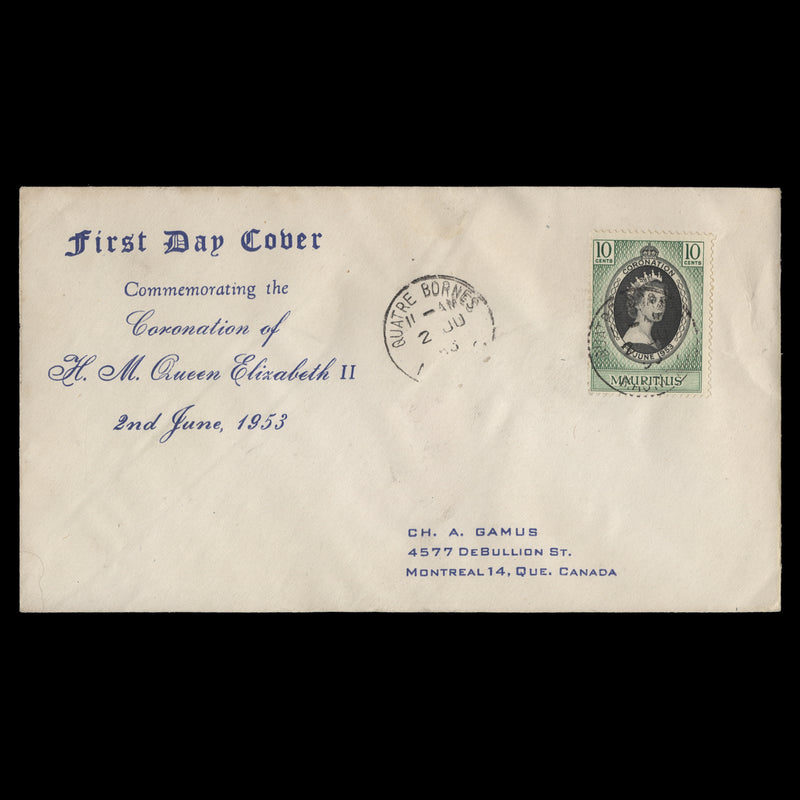 Mauritius 1953 (FDC) 10c Coronation, QUATRE BORNES