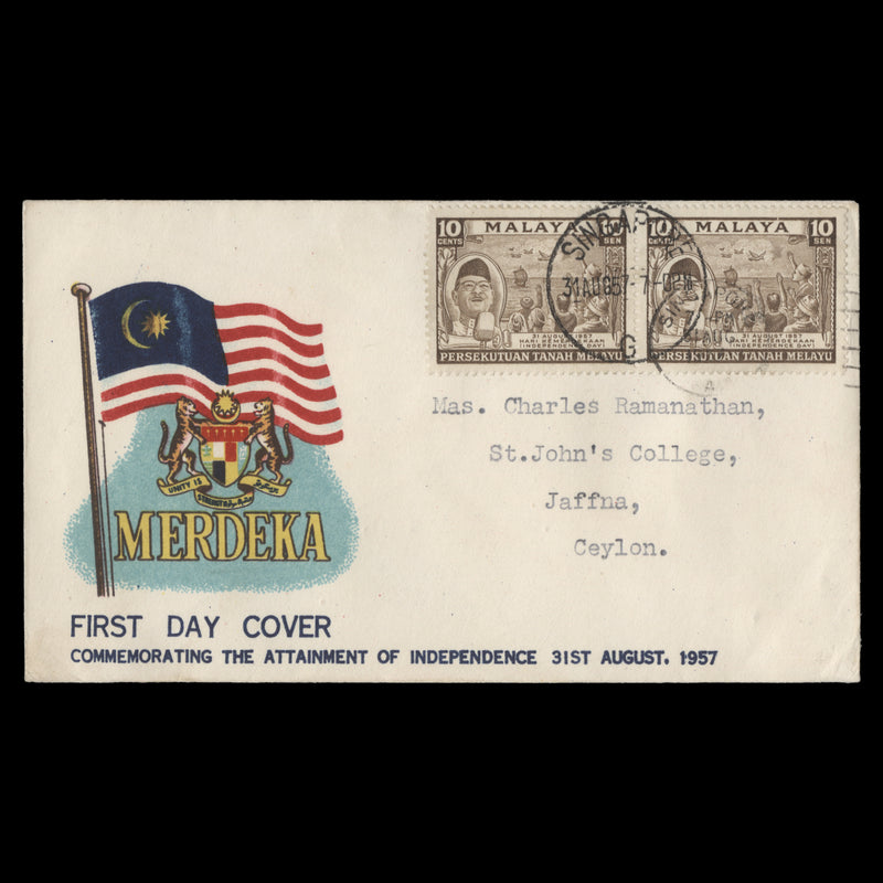 Malaya 1957 Independence Day first day cover, SINGAPORE