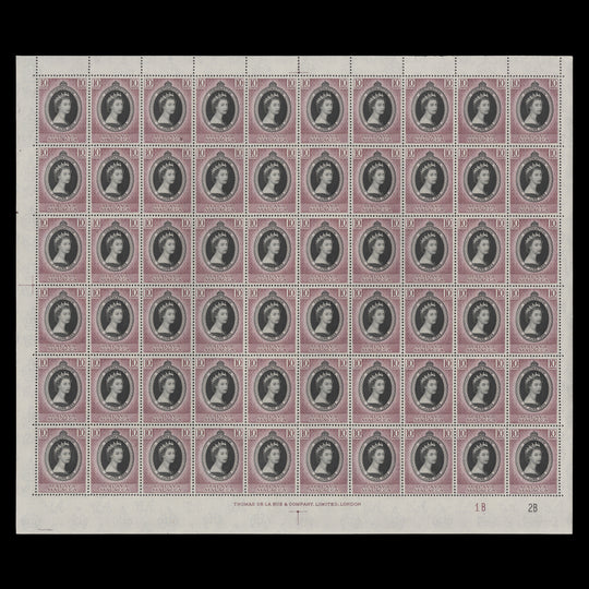 Malacca 1953 (MNH) 10c Coronation plate 1B–2B pane of 60 stamps