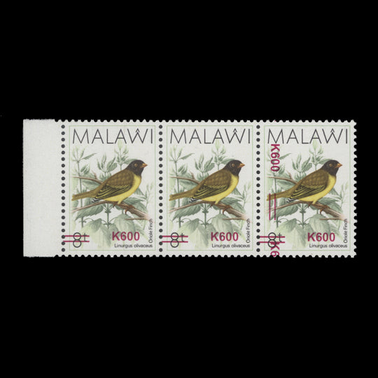 Malawi 2018 (MNH) K600/8t Oriole Finch strip with double surcharge on one stamp