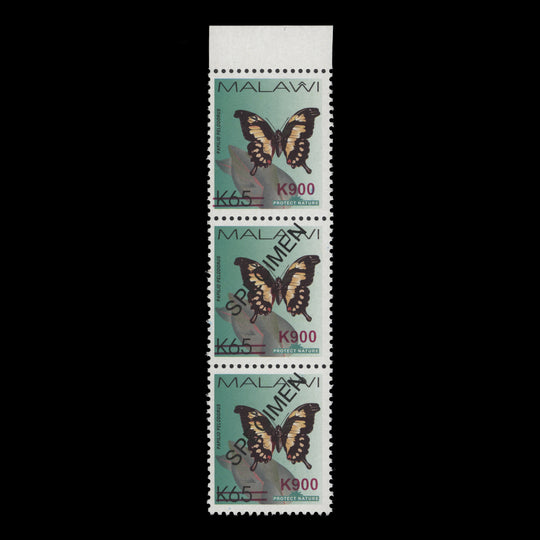 Malawi 2018 (MNH) K900/K65 Papilio Pelodorus strip with SPECIMEN overprint on two