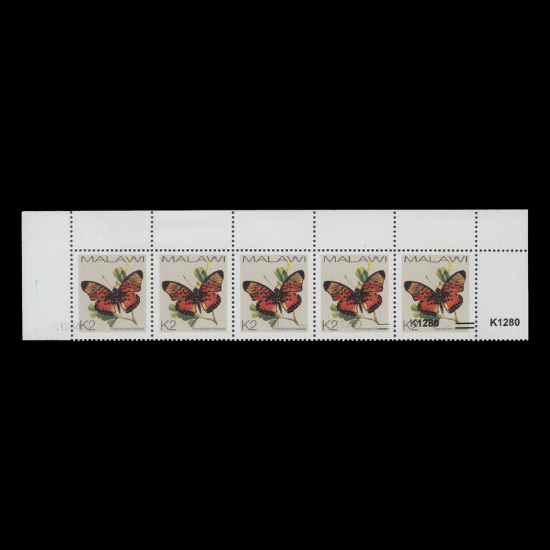 Malawi 2018 (Variety) K1280/K2 strip progressively missing surcharge