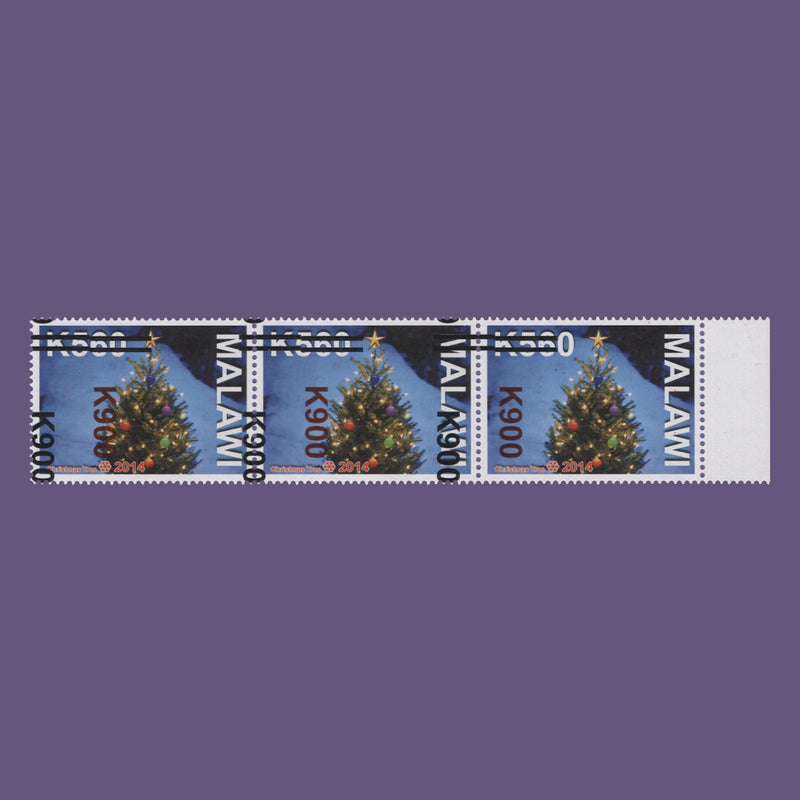 Malawi 2021 (Variety) K900/K560 Christmas Tree strip with double surcharge, thin bars