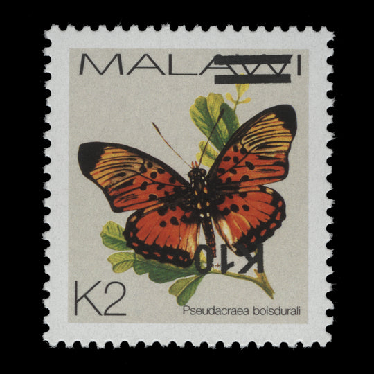 Malawi 2024 (Variety) K2/10 Psuedacraea Boisdurali with inverted surcharge