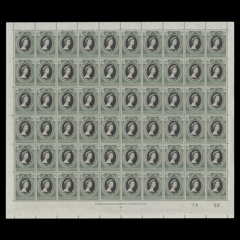 Malta 1953 (MNH) 1½d Coronation plate 1B–6B pane of 60 stamps