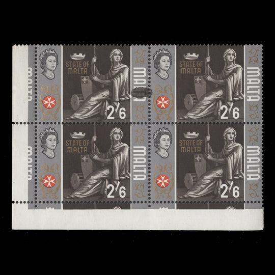 Malta 1965 (Variety) 2s6d State of Malta block with ink flaw