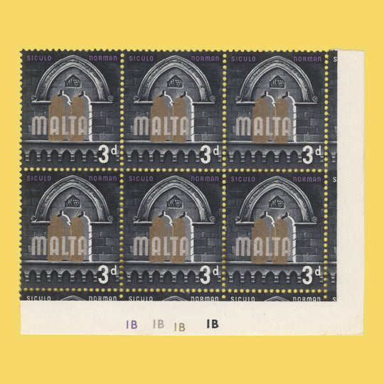 Malta 1965 (Variety) 3d Siculo Norman plate block with black shift