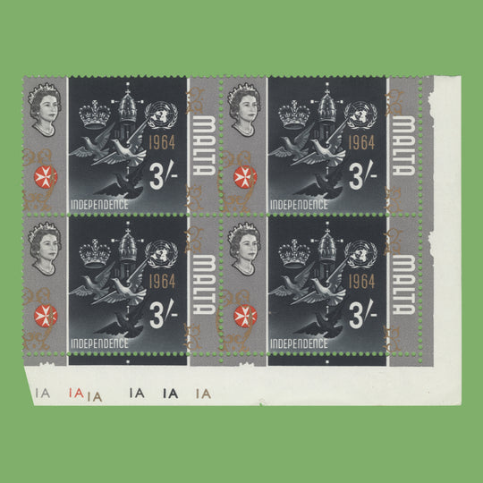 Malta 1965 (Variety) 3s Independence plate block with gold shift