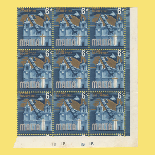Malta 1965 (Variety) 6d French Occupation plate block missing black