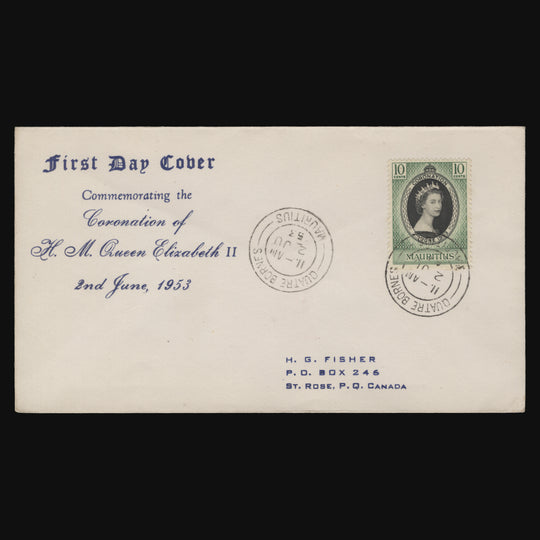 Mauritius 1953 Coronation first day cover, QUATRE BORNES