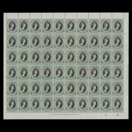 Mauritius 1953 (MNH) 10c Coronation plate 1A–2A pane of 60 stamps