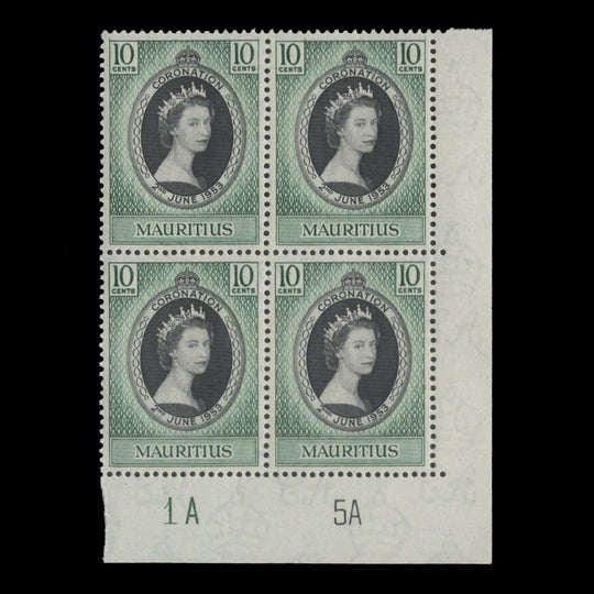 Mauritius 1953 (MNH) 10c Coronation plate 1A–5A block