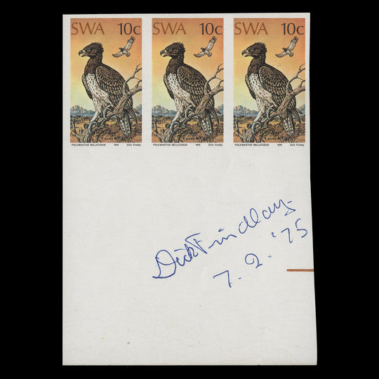 South West Africa 1975 Martial Eagle imperf proof strip signed by Dick Findlay