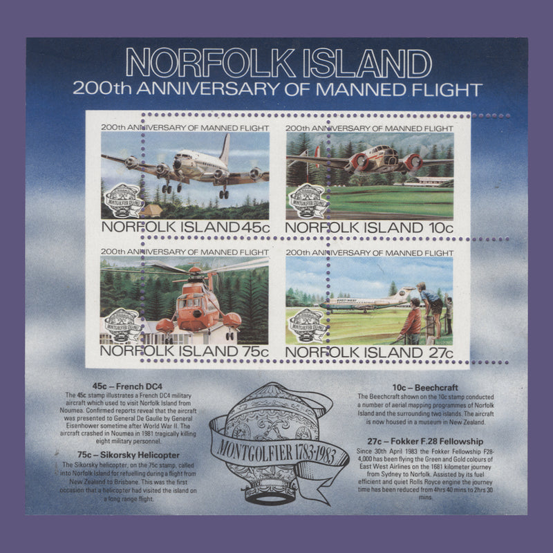 Norfolk Island 1983 (Variety) Manned Flight Bicentenary miniature sheet with perf shift