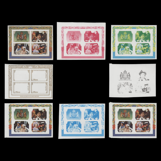 Niue 1985 Queen Mother's Birthday sheetlet progressive proofs