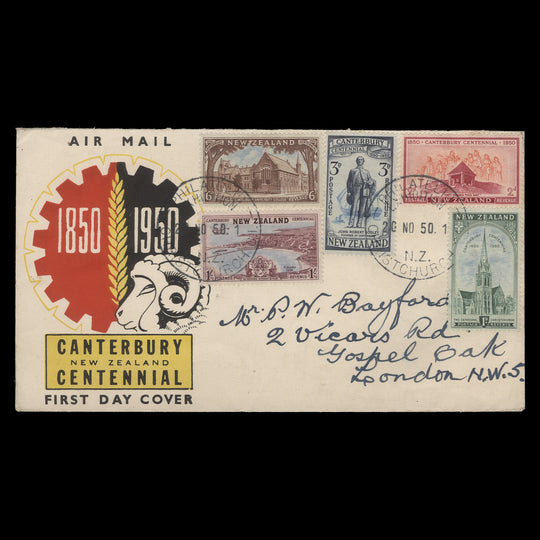 New Zealand 1950 Canterbury Centennial first day cover, CHRISTCHURCH