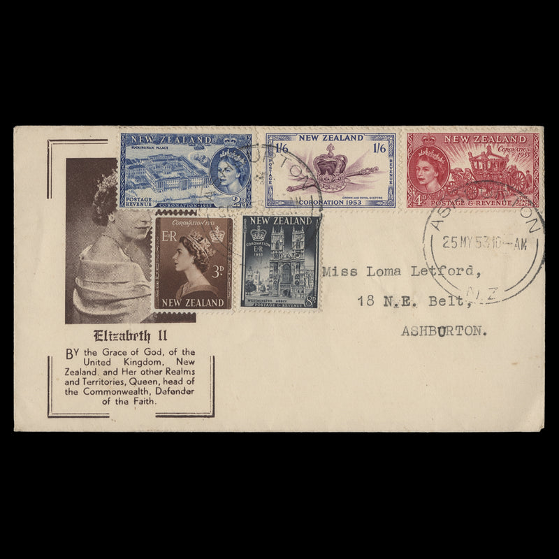 New Zealand 1953 Coronation first day cover, ASHBURTON