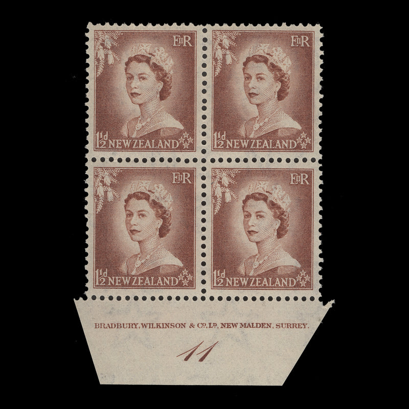 New Zealand 1953 (MNH) 1½d Queen Elizabeth II plate 11 block