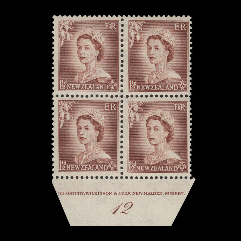 New Zealand 1953 (MNH) 1½d Queen Elizabeth II plate 12 block