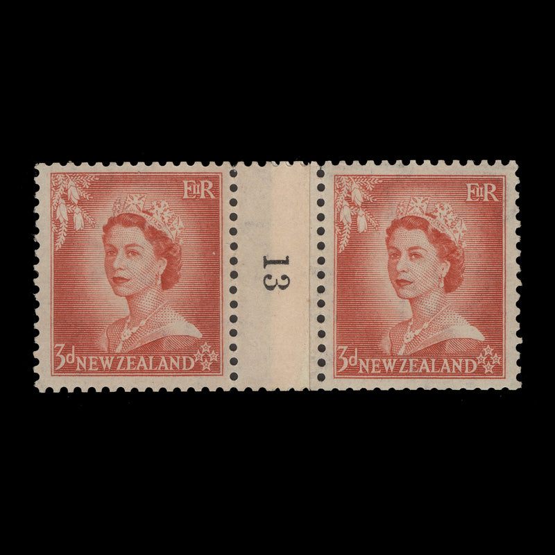New Zealand 1956 (MNH) 3d Queen Elizabeth II coil join 13 pair