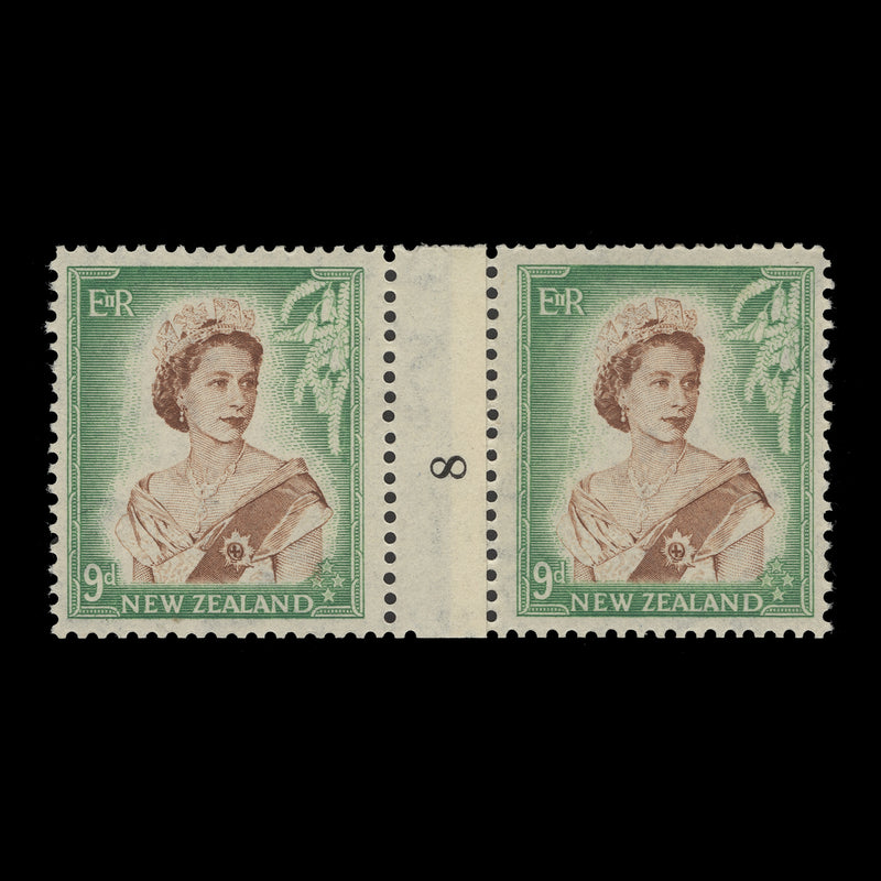 New Zealand 1954 (MLH) 9d Queen Elizabeth II coil join 8 pair