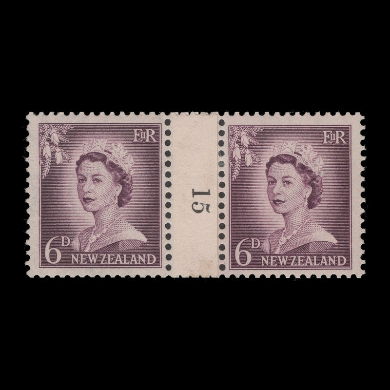 New Zealand 1956 (MLH) 6d Queen Elizabeth II coil join 15 pair
