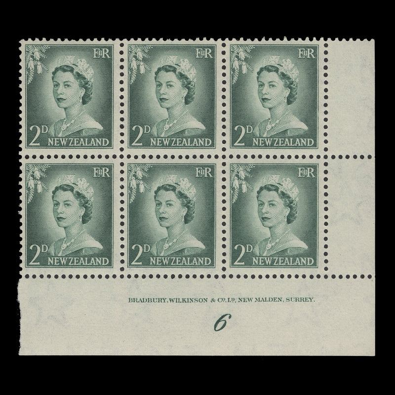 New Zealand 1956 (MNH) 2d Queen Elizabeth II imprint/plate 6 block