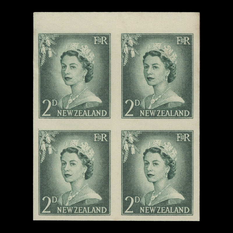 New Zealand 1956 (Variety) 2d Queen Elizabeth II imperf proof block