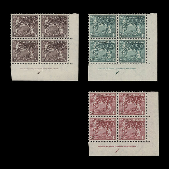 New Zealand 1956 (MNH) Children Picking Apples imprint/plate blocks