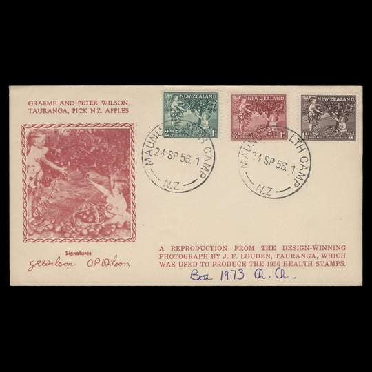 New Zealand 1956 Children Picking Apples first day cover, MAUNU HEALTH CAMP