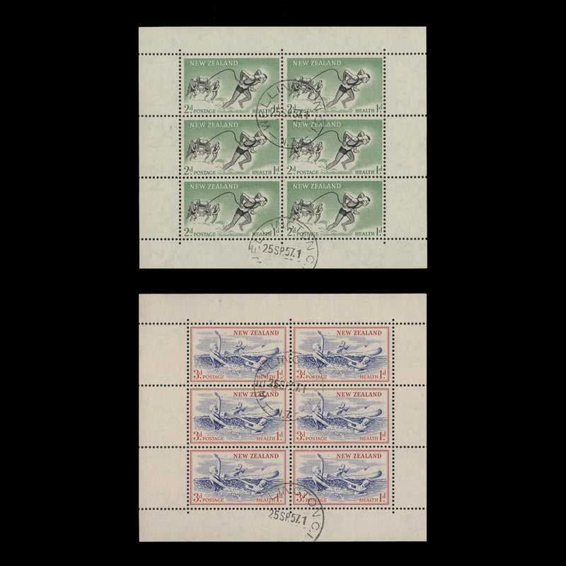 New Zealand 1957 (Used) Beach Scenes miniature sheets, sideways watermark